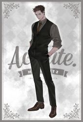 Rule 34 | 1boy, argyle, argyle background, argyle clothes, black gloves, black pants, black vest, blue eyes, border, brown footwear, brown hair, buttons, closed mouth, collared shirt, dress shoes, english text, formal, from side, full body, gloves, go e 0000, grey border, grey shirt, grey socks, hands in pockets, highres, inset border, lips, looking at viewer, male focus, mature male, monochrome background, necktie, nose, original, ornate border, pant suit, pants, red necktie, shirt, short hair, sleeves rolled up, socks, solo, standing, suit, text background, undercut, vest