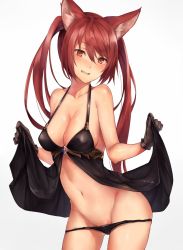 Rule 34 | 1girl, :d, animal ears, babydoll, babydoll lift, bad id, bad twitter id, bare arms, bare shoulders, black babydoll, black gloves, black panties, blush, breasts, cerberus (shingeki no bahamut), cleavage, closed eyes, collarbone, contrapposto, covered erect nipples, cowboy shot, gloves, groin, hair between eyes, halterneck, head tilt, highres, large breasts, lifted by self, long hair, looking at viewer, open mouth, panties, panty pull, red eyes, red hair, see-through, shingeki no bahamut, shiny skin, smile, snm (sunimi), solo, standing, thighs, underwear, underwear only