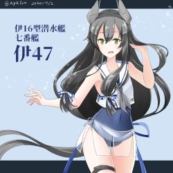 Rule 34 | 1girl, black hair, blue one-piece swimsuit, character name, commentary request, covered navel, dated, green eyes, grey neckerchief, hair between eyes, hair ribbon, headgear, hebitsukai-san, highres, i-47 (kancolle), kantai collection, letterboxed, long hair, looking at viewer, neckerchief, one-piece swimsuit, open mouth, ribbon, sailor collar, school swimsuit, see-through, see-through skirt, skirt, smile, solo, swimsuit, swimsuit under clothes, thigh strap, tress ribbon, twitter username, white sailor collar