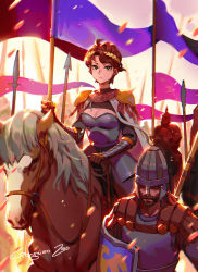 Rule 34 | 1girl, 6+boys, armor, beard, breasts, brown hair, cape, cavalry, circlet, cleavage, closed mouth, facial hair, flag, gauntlets, gongxiao zao, green eyes, helmet, highres, holding, holding flag, holding polearm, holding shield, holding weapon, horse, horseback riding, multiple boys, original, polearm, riding, shield, short hair, signature, warrior, weapon, white cape