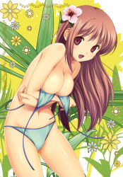 Rule 34 | 1girl, :d, absurdres, bare legs, bare shoulders, bikini, breast hold, breasts, cleavage, cowboy shot, face, flower, hair flower, hair ornament, hibiscus, highres, koutaro, long hair, looking at viewer, medium breasts, narrow waist, navel, open mouth, original, purple eyes, red hair, shiny skin, smile, solo, swimsuit, wardrobe malfunction