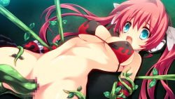 Rule 34 | 1girl, aqua eyes, black bra, bottomless, bow, bra, breasts, censored, gloves, hair bow, long hair, long twintails, lying, medium breasts, navel, no panties, on back, open mouth, pussy, red bra, red hair, solo, striped clothes, striped gloves, twintails, underwear, white bow