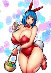 Rule 34 | 1girl, animal ears, basket, blue eyes, blue hair, blush, bow, breasts, rabbit ears, cleavage, cuff links, curvy, easter, easter egg, egg, erkaz, fake animal ears, flower, hair ornament, highres, huge breasts, looking at viewer, medium hair, open mouth, playboy bunny, red eyes, smile, solo, thighs