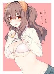 Rule 34 | 1girl, animal ears, blush, bra, breasts, brown hair, clothes lift, commentary request, dog ears, dutch angle, embarrassed, fake animal ears, fingernails, hairband, large breasts, lifted by self, long hair, long sleeves, looking at viewer, nail polish, navel, nekoume, original, paw pose, pink background, red eyes, sleeves past wrists, smile, solo, standing, sweater, sweater lift, translated, twintails, underwear, upper body, white bra, yellow nails