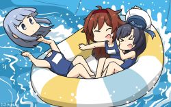 Rule 34 | 3girls, ahoge, black hair, blue hair, blue one-piece swimsuit, brown hair, closed eyes, commentary request, dated, disembodied head, freckles, gradient hair, grey eyes, hair flaps, hairband, hamu koutarou, hat, hatsukaze (kancolle), highres, hime cut, inflatable raft, kantai collection, long hair, matsuwa (kancolle), multicolored hair, multiple girls, one-hour drawing challenge, one-piece swimsuit, purple hair, red hairband, remodel (kantai collection), riding, sailor hat, school swimsuit, shiratsuyu (kancolle), sidelocks, swimsuit, water, white headwear