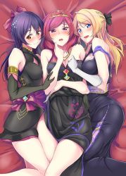 Rule 34 | 3girls, ayase eli, bed, bed sheet, black gloves, blonde hair, blue eyes, blue hair, blush, commentary request, dress, earrings, elbow gloves, from above, gloves, hair between eyes, jewelry, long hair, looking at viewer, love live!, love live! school idol festival, love live! school idol project, lying, moonlight (base), multiple girls, nishikino maki, on back, on bed, open mouth, purple eyes, red hair, sandwiched, smile, soldier game, sonoda umi, tiara, white gloves, yellow eyes