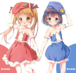 Rule 34 | 2girls, :o, arm up, bare shoulders, beret, blue eyes, blue hat, blue shirt, blue skirt, blunt bangs, blush, bow, brown eyes, brown hair, brown ribbon, collarbone, commentary request, elbow gloves, frilled gloves, frilled shirt, frilled skirt, frills, gloves, hair ornament, hair ribbon, hairclip, hand on headwear, hat, holding hands, leg ribbon, light brown hair, long hair, looking at viewer, multiple girls, open mouth, original, parted lips, personification, pu-en, red ribbon, red shirt, red skirt, ribbon, shirt, simple background, skirt, skirt set, sleeveless, sleeveless shirt, standing, standing on one leg, teeth, thighhighs, twintails, upper teeth only, white bow, white gloves, white legwear