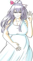 Rule 34 | 1girl, breasts, cleavage, frolaytia capistrano, gutsbro14, hair bun, hair ornament, heavy object, highres, jewelry, large breasts, long hair, maternity dress, covered erect nipples, pregnant, purple eyes, ring, silver hair, smile, wedding band