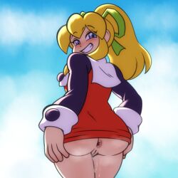 Rule 34 | 1girl, ass, ass grab, blonde hair, blue eyes, blue sky, blush, bow, cleft of venus, come hither, green bow, highres, hyouuma, looking at viewer, looking back, mega man (classic), mega man (series), pussy, pussy juice, roll (mega man), sky, smile, uncensored