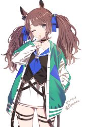 Rule 34 | 1girl, animal ears, blue neckerchief, blunt bangs, brown hair, choker, collarbone, dated, finger to mouth, fucodoku, gold nails, grey eyes, hand in pocket, horse ears, horse girl, jacket, letterman jacket, long hair, long sleeves, nail polish, neckerchief, one eye closed, open clothes, open jacket, sailor collar, shirt, simple background, solo, thigh strap, tosen jordan (umamusume), twintails, twitter username, umamusume, white background