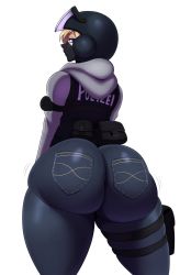 Rule 34 | 1girl, absurdres, ass, blonde hair, blue eyes, denim, eric lowery, from behind, helmet, highres, hood, hoodie, huge ass, iq (rainbow six siege), jeans, jiggle, looking at viewer, looking back, mask, motion lines, pants, police, police uniform, pouch, rainbow six siege, solo, thick thighs, thigh pouch, thigh strap, thighs, tight clothes, tight pants, uniform, white background, wide hips