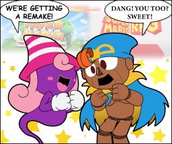 Rule 34 | 1boy, 1girl, absurdres, blue cape, blush stickers, brown eyes, cape, colored skin, covered eyes, crossover, curly hair, doll joints, excited, geno (mario), ghost, ghost tail, gloves, hair over eyes, happy, hat, highres, in-franchise crossover, joints, long hair, mario (series), miss d, nintendo, open mouth, orange hair, paper mario, paper mario: the thousand year door, pink hair, pink headwear, pointy hat, puppet, purple skin, smile, star (symbol), starry background, striped clothes, striped headwear, super mario rpg, vivian (paper mario), white gloves, witch hat, year connection, yellow lips