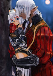 Rule 34 | 00s, 1boy, 1girl, animal ears, blue eyes, doraeshi, elf, elvaan, final fantasy, final fantasy xi, highres, mithra (ff11), outdoors, pointy ears, size difference, tail, white hair