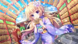 Rule 34 | 1other, 3girls, ahoge, architecture, blonde hair, blue eyes, blue kimono, blue sky, brown hair, closed mouth, cloud, day, dot nose, dutch angle, east asian architecture, ema, film grain, floral print, flower, furisode, game cg, grey kimono, hair flower, hair ornament, hair scrunchie, holding ema, itsumura haruka, izumi tsubasu, japanese clothes, kimono, lens flare, long hair, looking at viewer, low twintails, multiple girls, non-web source, obi, official art, pearl hair ornament, print kimono, re:stage!, red kimono, sash, scrunchie, sky, smile, solo focus, sparkle, stone lantern, stone walkway, temple, tree, twintails, white flower, white scrunchie, yellow sash