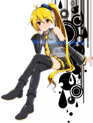 Rule 34 | 1girl, akita neru, black thighhighs, blonde hair, colorized, crossed legs, detached sleeves, eto, hair ornament, highres, legs, long hair, nail polish, necktie, ponytail, side ponytail, sitting, skirt, smile, solo, thighhighs, very long hair, vocaloid, water drop, yellow eyes, yellow nails, yellow necktie