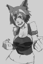 Rule 34 | 10s, 1girl, animal ears, armband, bad deviantart id, bad id, bankage, blush, breasts, cleavage, clenched hands, dog ears, dog girl, fangs, fingernails, furry, furry female, greyscale, large breasts, midriff, monochrome, monster girl, monster musume no iru nichijou, navel, polt, sharp fingernails, short hair, solo, tank top, wide hips