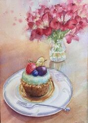 Rule 34 | berry, cake, cupcake, cutlery, flower, food, fork, fruit, highres, jar, leaf, no humans, ooy33151086, original, painting (medium), plant, plate, realistic, red flower, signature, still life, traditional media, water, watercolor (medium)