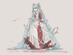 Rule 34 | 1girl, absurdly long hair, aqua eyes, aqua hair, barefoot, beige background, commentary, dress, flower, frilled dress, frills, full body, grey background, hair flower, hair ornament, hatsune miku, highres, long hair, looking down, red dress, ripples, skirt hold, solo, tolu 39, twintails, twitter username, two-tone dress, very long hair, vocaloid, walking, white dress