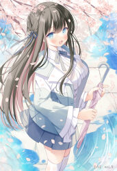 Rule 34 | 1girl, :d, blue eyes, blue ribbon, blue skirt, blush, branch, breasts, brown hair, cherry blossoms, collared shirt, commentary request, dot nose, falling petals, frilled sleeves, frills, from above, grey jacket, grey ribbon, hair ribbon, holding, holding umbrella, hoshino koucha, jacket, light blush, long hair, looking at viewer, medium breasts, multicolored clothes, multicolored jacket, neck ribbon, open clothes, open jacket, open mouth, original, outdoors, petals, pleated skirt, puddle, ribbon, school uniform, see-through, shirt, skirt, smile, standing, thighhighs, umbrella, uniform, wet, wet clothes, white jacket, white shirt, wide sleeves, zettai ryouiki