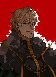 Rule 34 | 1boy, blonde hair, blue eyes, cape, chain, edwintarm, fate/grand order, fate (series), fur-trimmed cape, fur trim, gawain (fate), grin, hair between eyes, high collar, highres, male focus, red background, smile, solo, wavy hair