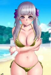 Rule 34 | 1girl, arms under breasts, beach, bikini, black clover, blush, bow, breasts, cleavage, crossed arms, curvy, embarrassed, grey hair, guolfeich, hair bow, highres, large breasts, long hair, looking at viewer, navel, noelle silva, pink eyes, side-tie bikini bottom, solo, swimsuit, thick thighs, thigh gap, thighs, twintails, water, watermark, yellow bikini