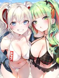 Rule 34 | 2girls, :o, bikini, black bikini, black bow, blue eyes, blue jacket, blunt bangs, blush, bow, breasts, colored inner hair, denim, denim jacket, green eyes, green hair, grey hair, grin, hair bow, highres, jacket, jewelry, large breasts, leaning forward, looking at viewer, mole, mole on breast, mole under mouth, multicolored hair, multiple girls, navel, necklace, nekometaru, o-ring, o-ring top, orange hair, red hair, ring, ring necklace, smile, standing, swimsuit, thigh gap, white bikini, white bow