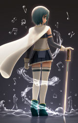 Rule 34 | 10s, 1girl, bass clef, beamed quavers, blue eyes, blue hair, cape, detached sleeves, gloves, gradient background, highres, looking at viewer, looking back, magical girl, mahou shoujo madoka magica, mahou shoujo madoka magica (anime), matching hair/eyes, miki sayaka, musical note, quaver, shirt, short hair, siraha, skirt, solo, sword, thighhighs, weapon, white gloves, white thighhighs, zettai ryouiki