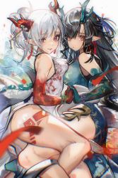 Rule 34 | 2girls, absurdres, arknights, ass, asymmetrical docking, bare legs, bare shoulders, black hair, blue dress, blue hair, breast press, breasts, closed mouth, colored skin, dragon horns, dress, dusk (arknights), dusk (everything is a miracle) (arknights), earrings, expressionless, feet out of frame, green skin, hair ornament, hair stick, highres, holding hands, horns, interlocked fingers, jewelry, kneepits, long hair, looking at viewer, medium breasts, multicolored hair, multiple girls, nian (arknights), nian (unfettered freedom) (arknights), nigoolas, official alternate costume, parted lips, pointy ears, purple eyes, red eyes, red hair, red skin, short dress, short hair, short ponytail, siblings, silver hair, sisters, sleeveless, sleeveless dress, small breasts, smile, streaked hair, tassel, tassel earrings, two-tone hair, very long hair, white dress