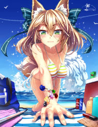 Rule 34 | 1girl, all fours, animal ears, bag, barefoot, beach, bikini, blonde hair, blush, bottle, bracelet, breasts, can, cleavage, day, drink can, extra ears, eyebrows, foreshortening, fox ears, fox tail, front-tie top, glycyrrhizae, green eyes, hanging breasts, jewelry, large breasts, lighter, long hair, looking at viewer, lotion, original, outdoors, perspective, side-tie bikini bottom, soda can, solo, striped bikini, striped clothes, sunscreen, swimsuit, tail, wet
