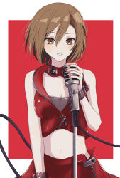 Rule 34 | 1girl, bad id, bad pixiv id, brown eyes, brown hair, choker, crop top, highres, meiko (vocaloid), meiko (vocaloid3), microphone stand, peng vmd, red background, red theme, short hair, sleeveless, smile, solo, vocaloid, wrist cuffs