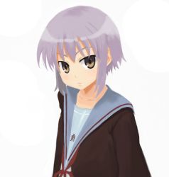 Rule 34 | 00s, brown eyes, kotetsu, nagato yuki, purple hair, school uniform, serafuku, short hair, solo, suzumiya haruhi no yuuutsu