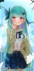 Rule 34 | 1girl, absurdres, blue skirt, blush, bow, bowtie, brown jacket, butterfly hair ornament, closed mouth, cloud, cloudy sky, collared shirt, colored inner hair, cowboy shot, day, eureka 814, green hair, hair ornament, hand up, highres, hololive, jacket, long hair, multicolored hair, open clothes, open jacket, pink eyes, plaid, plaid bow, plaid bowtie, plaid skirt, pleated skirt, purple hair, school uniform, shirt, skirt, sky, smile, solo, standing, uruha rushia, uruha rushia (school uniform), very long hair, virtual youtuber, white shirt