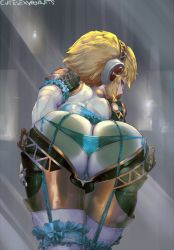 Rule 34 | 1girl, aegis (persona), against glass, android, artist name, ass, ass focus, ass on glass, bent over, blonde hair, blue eyes, blue panties, butt crack, cutesexyrobutts, garter belt, hairband, heart, heart-shaped pupils, highres, looking at viewer, looking back, panties, persona, persona 3, robot, short hair, side-tie panties, signature, solo, symbol-shaped pupils, underwear