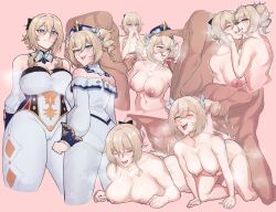 Rule 34 | 2boys, 2girls, absurdres, barbara (genshin impact), bisexual female, blonde hair, breasts, breasts out, closed eyes, collage, completely nude, cooperative fellatio, cum, cum in mouth, cum swap, doggystyle, ejaculation, facial, fellatio, genshin impact, grabbing another&#039;s hair, group sex, hand on another&#039;s head, hat, hetero, highres, incest, jean (genshin impact), knee up, large breasts, multiple boys, multiple girls, nipples, nude, oral, ponytail, sex, sex from behind, short twintails, smugigante, twintails, white headwear