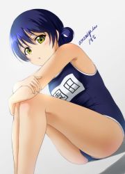 Rule 34 | 1girl, amamiya (re-amamiya), bare legs, blue hair, blush, commentary request, feet out of frame, highres, hugging own legs, knees up, legs together, long hair, looking at viewer, love live!, love live! school idol project, name tag, one-piece swimsuit, open mouth, school swimsuit, signature, simple background, sitting, smile, solo, sonoda umi, swept bangs, swimsuit, yellow eyes