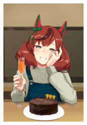 Rule 34 | 1girl, animal ears, birthday cake, blurry, blurry background, brown hair, cake, champagne flute, cup, drinking glass, ear covers, food, grey eyes, grin, hand on own face, highres, holding, holding cup, horse ears, indoors, kuroneko (kuroneko3zizi), long sleeves, looking at viewer, medium hair, multicolored hair, nice nature (umamusume), overalls, plate, smile, solo, streaked hair, sweater, table, twintails, umamusume, upper body