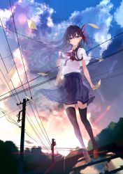 Rule 34 | 1girl, absurdres, ahoge, black hair, black skirt, black thighhighs, blue eyes, blue sky, brown footwear, cable, closed mouth, cloud, cloudy sky, collared shirt, floating hair, grey ribbon, hair between eyes, hair ribbon, highres, letter, light rays, loafers, long hair, looking at viewer, miwano rag, official art, original, outdoors, pleated skirt, red ribbon, reflection, ribbon, sad, school uniform, shirt, shoes, short sleeves, skirt, sky, solo, striped ribbon, sunbeam, sunlight, thighhighs, tsuishin soragoto ni hohoenda kimi e, utility pole, white shirt, wind