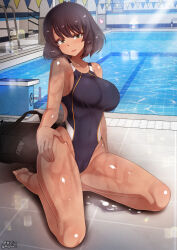 Rule 34 | 1girl, barefoot, black hair, blush, breasts, girls und panzer, green eyes, highres, hoshino (girls und panzer), indoors, large breasts, looking at viewer, megadeko, open mouth, pool, seiza, short hair, sitting, smile, solo, swimsuit, thighs, water, wet