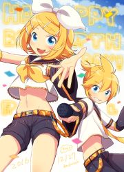 Rule 34 | 1boy, 1girl, 2016, anniversary, artist name, belt, birthday, blonde hair, blue eyes, blue sky, bow, brother and sister, dated, detached sleeves, fang, hair bow, hair ornament, hair ribbon, hairclip, headphones, headset, kagamine len, kagamine rin, midriff, navel, necktie, nokuhashi, open mouth, outstretched arms, ribbon, sailor collar, short hair, short ponytail, shorts, siblings, signature, sky, smile, twins, vocaloid, yellow necktie
