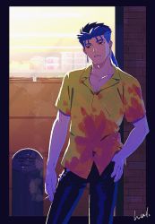 Rule 34 | 1boy, blue hair, brick wall, cigarette, collarbone, cowboy shot, cu chulainn (fate), cu chulainn (fate/stay night), earrings, fate/hollow ataraxia, fate/stay night, fate (series), framed, hal (haaaalhal), hand in pocket, highres, jewelry, long hair, looking to the side, male focus, muscular, muscular male, official alternate costume, outdoors, pants, pectoral cleavage, pectorals, ponytail, red eyes, short sleeves, signature, smoking, solo, spiked hair
