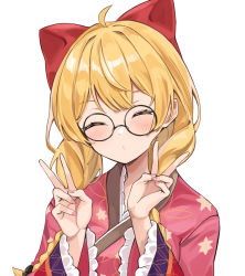 Rule 34 | 1girl, :p, ahoge, anbasa (amaneyuz13), blonde hair, blush, bow, closed eyes, commentary request, double v, facing viewer, frilled sleeves, frills, glasses, hair bow, hair bun, hololive, japanese clothes, kimono, long hair, long sleeves, nail polish, parted lips, pink nails, red kimono, side bun, simple background, single side bun, solo, tongue, tongue out, v, virtual youtuber, white background, yellow eyes, yozora mel, yozora mel (new year)