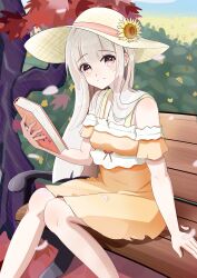 Rule 34 | 1girl, absurdres, bench, book, cherry blossoms, clanel de wargham, dress, flower, frills, hat, hat ribbon, highres, holding, holding book, light smile, long hair, looking at viewer, maple tree, non-web source, on bench, orange dress, orange eyes, original, osmanthus, red ribbon, ribbon, sitting, solo, sun hat, sunflower, tagme, tree, white hair