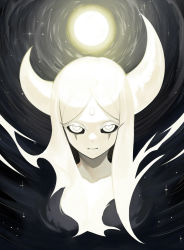 Rule 34 | 1girl, baniran dorosu, black sclera, blonde hair, closed mouth, cloud, cloudy sky, collarbone, colored sclera, colored skin, crescent, facial mark, forehead jewel, highres, horns, long hair, looking at viewer, monster girl, moon, night, night sky, original, personification, sky, star (sky), starry sky, upper body, white eyes, yellow skin