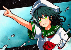 Rule 34 | 1girl, :d, bad id, bad pixiv id, black hair, blue background, breasts, gradient background, green hair, green sailor collar, hair between eyes, hat, medium breasts, murasa minamitsu, open mouth, pointing, qqqrinkappp, red neckwear, sailor, sailor collar, sailor hat, short hair, short sleeves, smile, solo, touhou, traditional media, upper body, water, white hat
