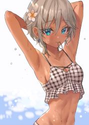 Rule 34 | 1girl, anastasia (idolmaster), armpits, arms behind head, arms up, bare arms, bikini, blue eyes, breasts, cleavage, collarbone, earrings, flower, frill trim, frills, grey hair, hair between eyes, hair flower, hair ornament, hair tie, hair tie in mouth, highres, idolmaster, idolmaster cinderella girls, jewelry, light blush, looking at viewer, mouth hold, navel, rum raisin (chihiromakita19), short hair, sideboob, simple background, sleeveless, small breasts, solo, striped bikini, striped clothes, swimsuit, tan, tankini, upper body, water, wet, white background, white flower