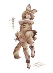 Rule 34 | 1girl, animal ear fluff, animal ears, ankle boots, bare shoulders, belt, boots, bow, bowtie, breasts, elbow gloves, extra ears, gloves, high-waist skirt, kemono friends, large breasts, leg up, medium breasts, medium hair, miniskirt, nyororiso (muyaa), open mouth, print bow, print bowtie, print gloves, print skirt, print thighhighs, serval (kemono friends), serval print, simple background, skirt, solo, striped tail, tail, teeth, thighhighs, two-tone bowtie, upper teeth only, white background, zettai ryouiki