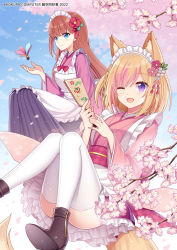Rule 34 | 2girls, ;d, animal ear fluff, animal ears, apron, black footwear, black hakama, blonde hair, blue eyes, blue sky, blush, boots, branch, brown hair, closed mouth, cloud, commentary request, convenient leg, copyright request, day, feet out of frame, flower, frilled apron, frilled skirt, frills, hagoita, hair flower, hair ornament, hakama, hakama skirt, hand up, hitsuki rei, japanese clothes, kimono, long hair, looking at viewer, multicolored hair, multiple girls, obi, one eye closed, open mouth, outdoors, paddle, pink flower, pink hair, pink kimono, purple eyes, purple skirt, red flower, sash, shuttlecock, skirt, sky, smile, streaked hair, tail, thighhighs, thighhighs under boots, very long hair, virtual youtuber, white apron, white flower, white legwear