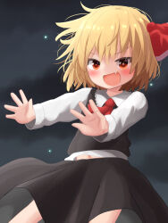 Rule 34 | &gt;:), 1girl, ascot, black skirt, blonde hair, blush, bow, commentary request, fang, hair bow, hanbun kyojaku, highres, messy hair, midriff peek, navel, night, night sky, open mouth, outstretched arms, paid reward available, red bow, red eyes, rumia, shirt, short hair, skin fang, skirt, sky, smile, solo, touhou, v-shaped eyebrows, vest, white shirt