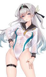 Rule 34 | 1girl, alternate costume, black hairband, black sailor collar, clothes lift, collarbone, commentary request, contrapposto, cropped shirt, firefly (honkai: star rail), gluteal fold, grey hair, hair intakes, hair ornament, hairband, hand on own hip, highres, honkai: star rail, honkai (series), long hair, long sleeves, looking at viewer, matrix16, neckerchief, one-piece swimsuit, open mouth, puffy long sleeves, puffy sleeves, purple eyes, sailor collar, see-through, see-through shirt, see-through sleeves, shirt, shirt lift, skindentation, solo, swimsuit, thigh strap, thighs, undone neckerchief, upper body, white one-piece swimsuit, white shirt, yellow neckerchief