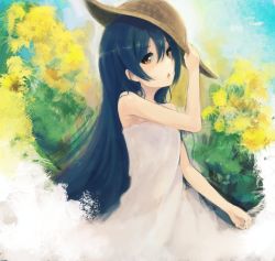 Rule 34 | 1girl, blue hair, cowboy shot, dress, flower, hair between eyes, hat, highres, holding, long hair, looking at viewer, love live!, love live! school idol project, solo, sonoda umi, straw hat, sundress, sunflower, yellow eyes, yudough